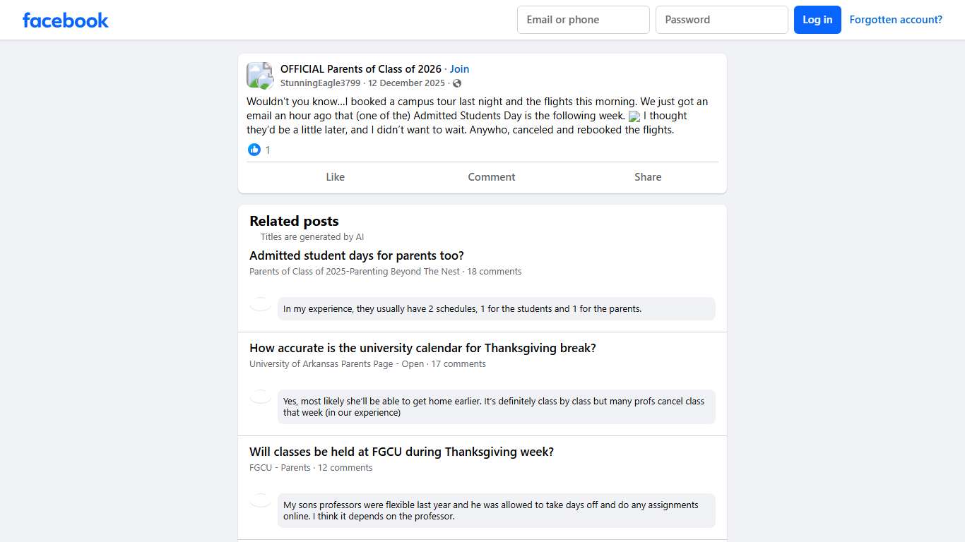 OFFICIAL Parents of Class of 2026 Wouldn’t you know…I booked a campus tour last night and the flights this morning Facebook