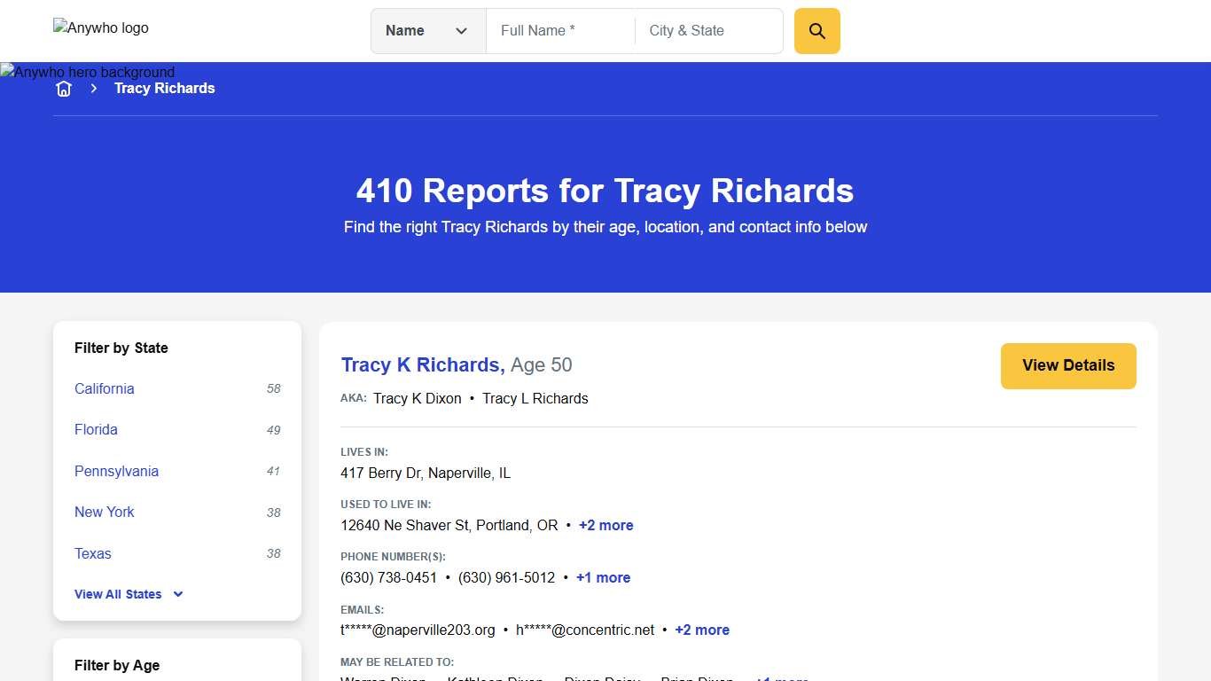 410 Reports for Tracy Richards Anywho
